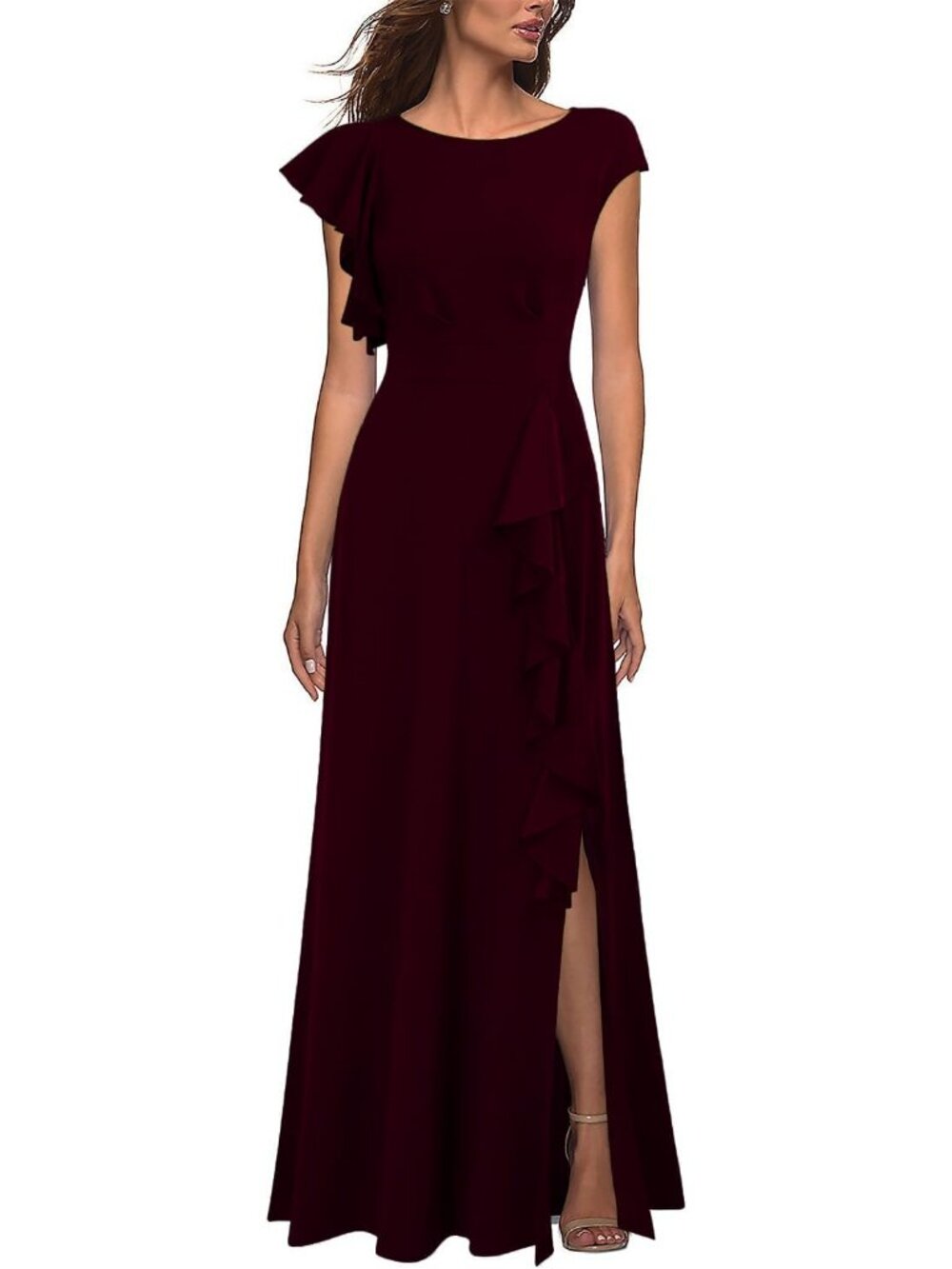 Women's Burgundy Fashion Maxi A-Line Long Sexy Split Cocktail Party Formal Dress